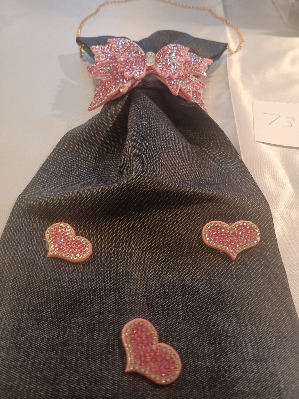Pink Crystal Bow & Heart Charm Denim JunkTie Necklace Necklace